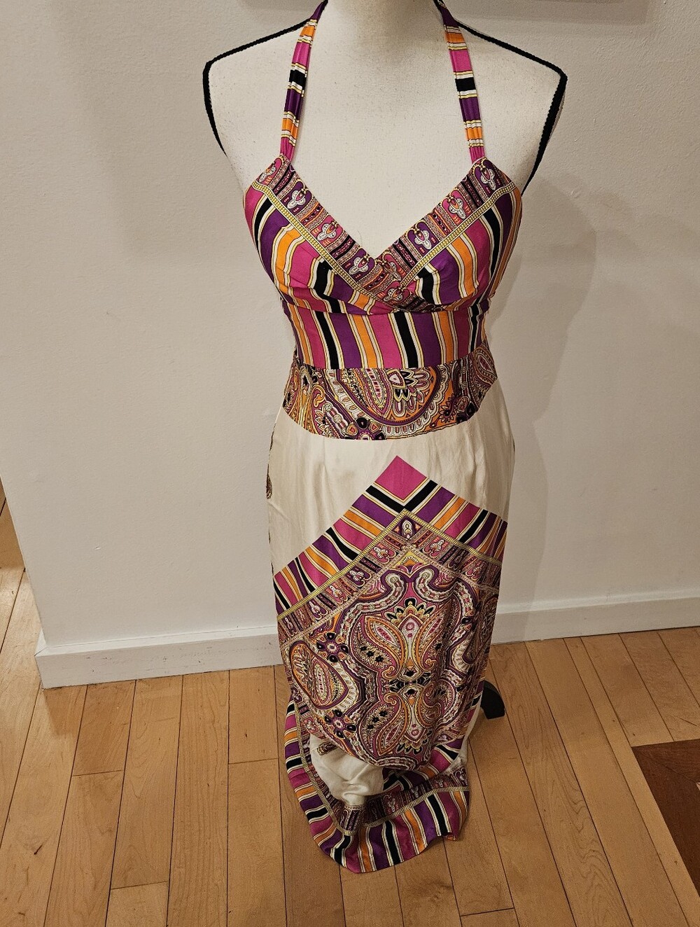 Y2K/vintage Striped Paisley Halter Maxi Dress in Multi Color Print 100% SILK